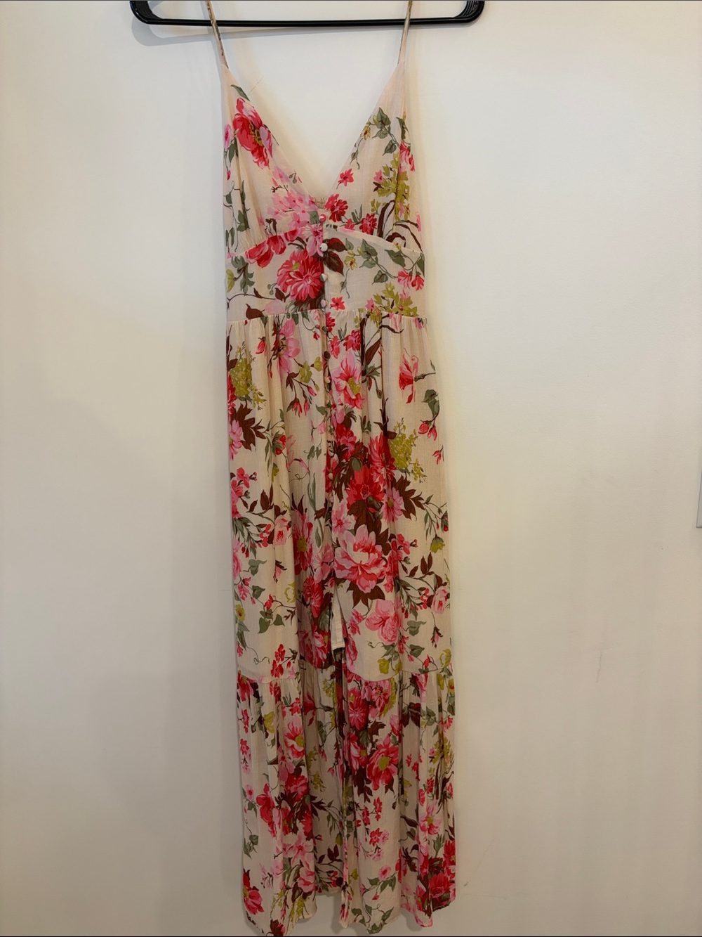 Abercrombie and Fitch Floral Spaghetti Strap Maxi Dress in Beige